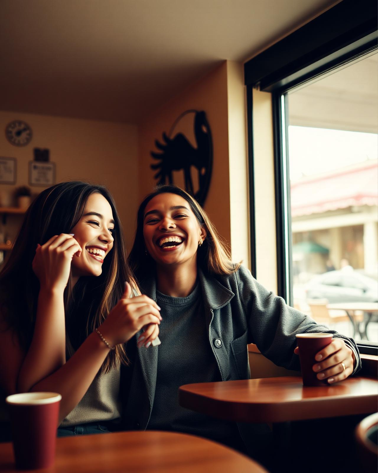 Two people laughing together at a café